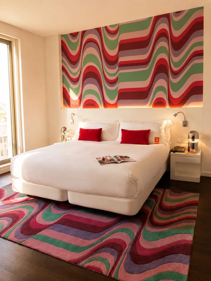 Habitación del Hotel Carla con alfombra de ondas rojas, verdes y rosas a juego con el mural del cabecero