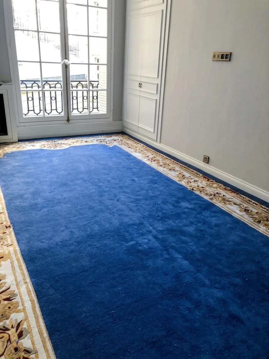 Alfombra azul lisa con orla de flores ante un balcón de hierro