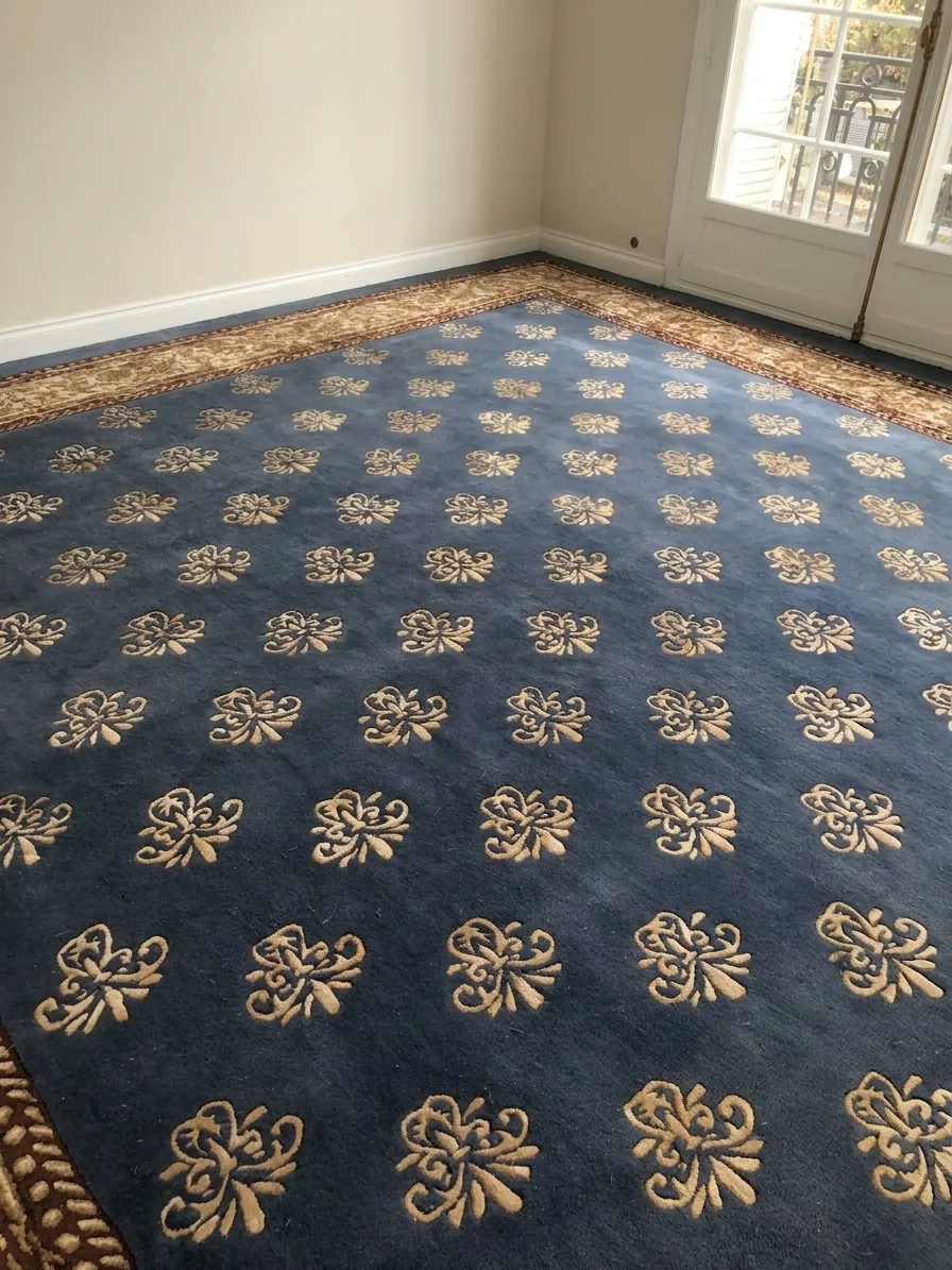 Alfombra azul marino de pared a pared con motivos dorados en filas y cenefa