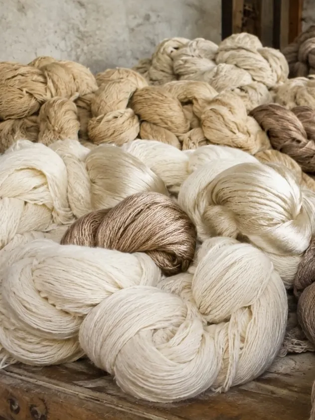 Detalle de madejas de fibra natural en tonos crudos